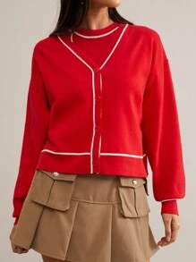 SHEIN Essnce 2 件套女式撞色前扣长袖简约夹克和套头衫 - 紅色 - 查看 5