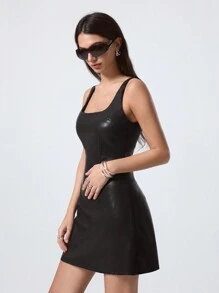 LYSMO Women's Square Neck Backless Mini A-Line PU Dress, Party Cloth - Black - View 3