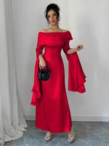 SHEIN Unity 1 件开衩超长露肩褶皱腰优雅派对连衣裙 - 紅色 - 查看 5