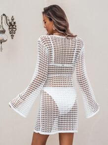 Swim Lushoire White Hollow Crochet Floral Front & Tie Waist Beach Cover Up Dress Summer - White - View 3