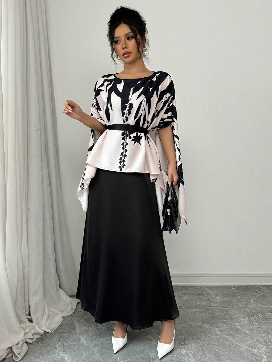 Elenzga Positioning Print Batwing Sleeve Shirt Mermaid Dress Elegant Women 2Pcs Set - Multicolor - View 1