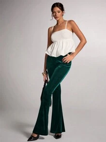 SHEIN BAE 女士纯黑色天鹅绒弹力腰部修身喇叭裤，百搭秋冬季、夜间派对、俱乐部派对 - 墨綠色 - 查看 6