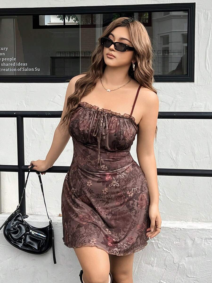 SHEIN EZwear Plus Floral Print Ruched Bust Frill Trim Mesh Cami Dress, Summer,Beach Dress Sundress,Holiday Outfits Boho