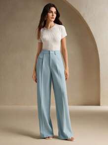 Anewsta 黑色都市时尚休闲宽松直腿腰带西装裤 - 淺藍色 - 查看 5