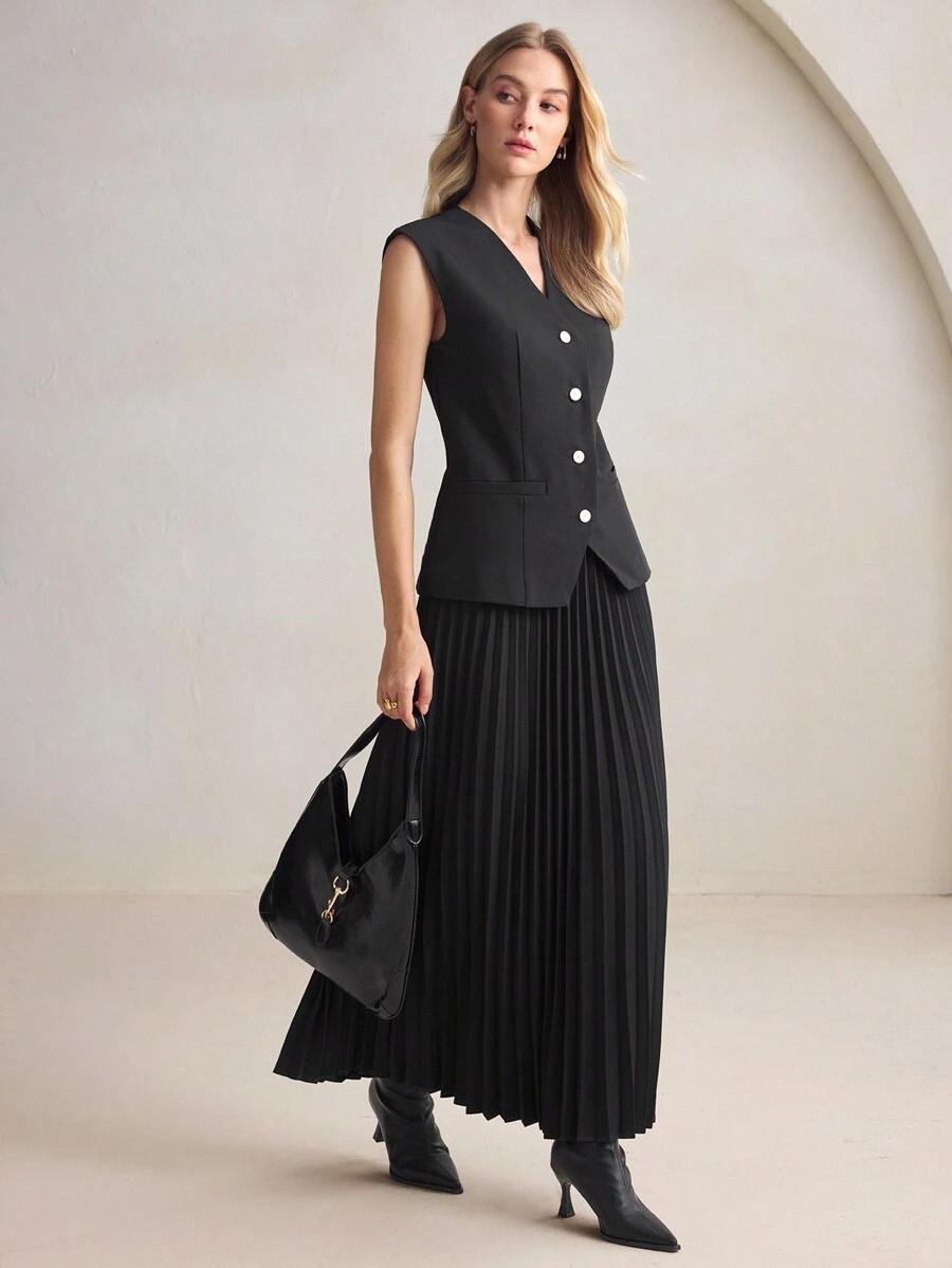 BizChic 2pcs/Set Women's Black Blazer Suit With Pleated A-Line Skirt, Office/Commuter Wear, Elegant For New Year, Spring/Summer - Black - View 1