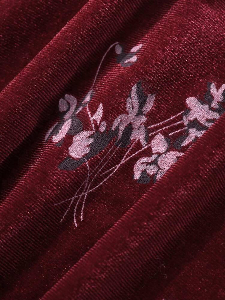 Women's Long Sleeve Ruffle Trim Velvet Floral Print Tie Front Nightgown Pajama Red Women Dresses
