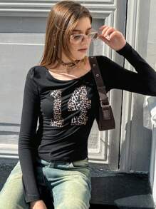 Jouncy 女士秋季字母豹纹不对称领长袖休闲上衣 - 黑色 - 查看 4