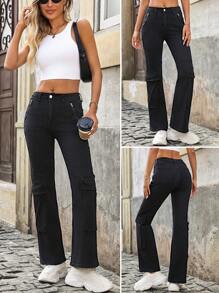SHEIN LUNE Women Zipper Pocket Flared Casual Versatile Denim Jeans - Black - View 1