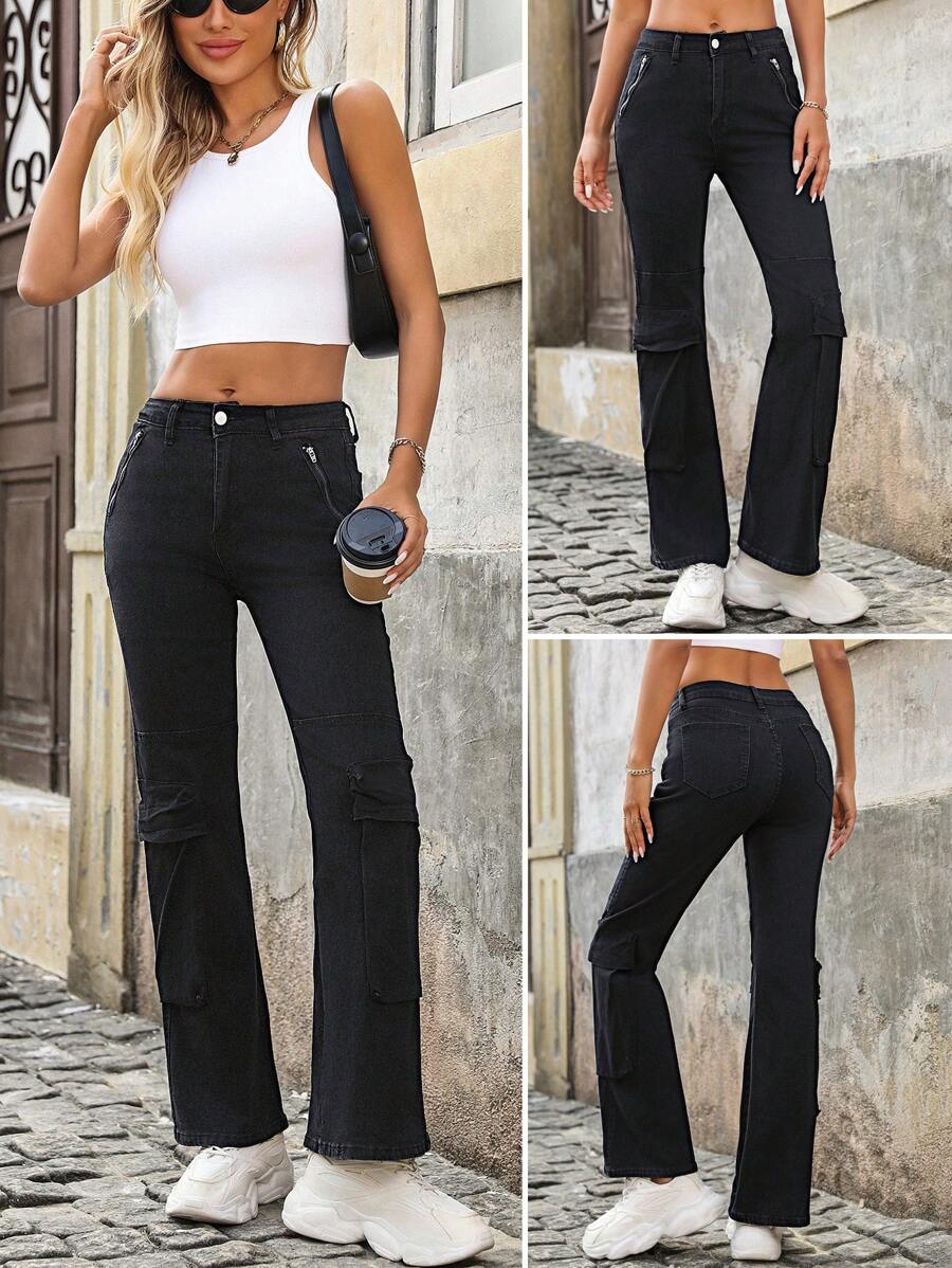 SHEIN LUNE Women Zipper Pocket Flared Casual Versatile Denim Jeans - Black - View 1