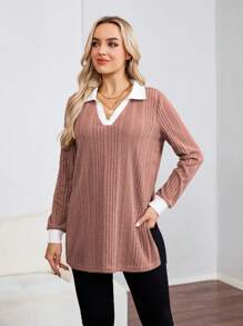 SHEIN LUNE 撞色长袖 Polo 领长款 T 恤，带纹理保暖羊毛，女款，秋冬款