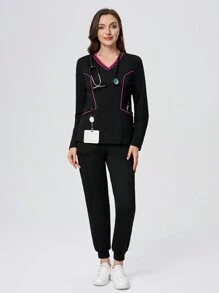 Scrubzie Top de uniforme de enfermera / mujer con bloques de color de manga larga y efecto humectante en rosa rojo y negro
