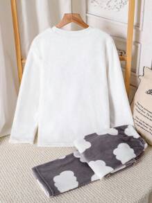 2 件套 Tween 女童休闲云朵图案长裤套装，搭配白色字母刺绣长袖衬衫、家居服 - 淺灰色 - 查看 2