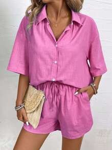 EMERY ROSE 2pcs Women Casual Set: Solid Drop Shoulder Single-Breasted Shirt And Tie-Waist Shorts, Autumn - Pink - View 4