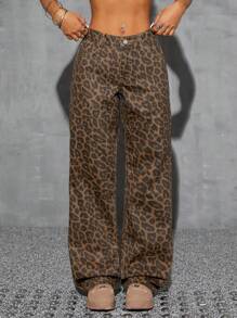 SHEIN ICON 女士豹纹直筒牛仔裤，街头服饰，Y2K 风格 - 彩色 - 查看 4