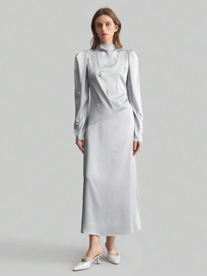 Ontre 女士优雅立领长袖仿珍珠装饰简约休闲长裙，浅灰色