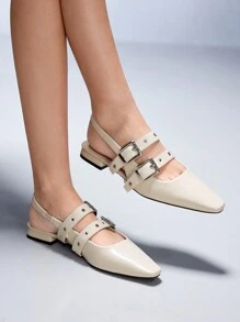 CUCCOO GRLICON 女士时尚百搭尖头扣平底鞋 - 米色 - 查看 4
