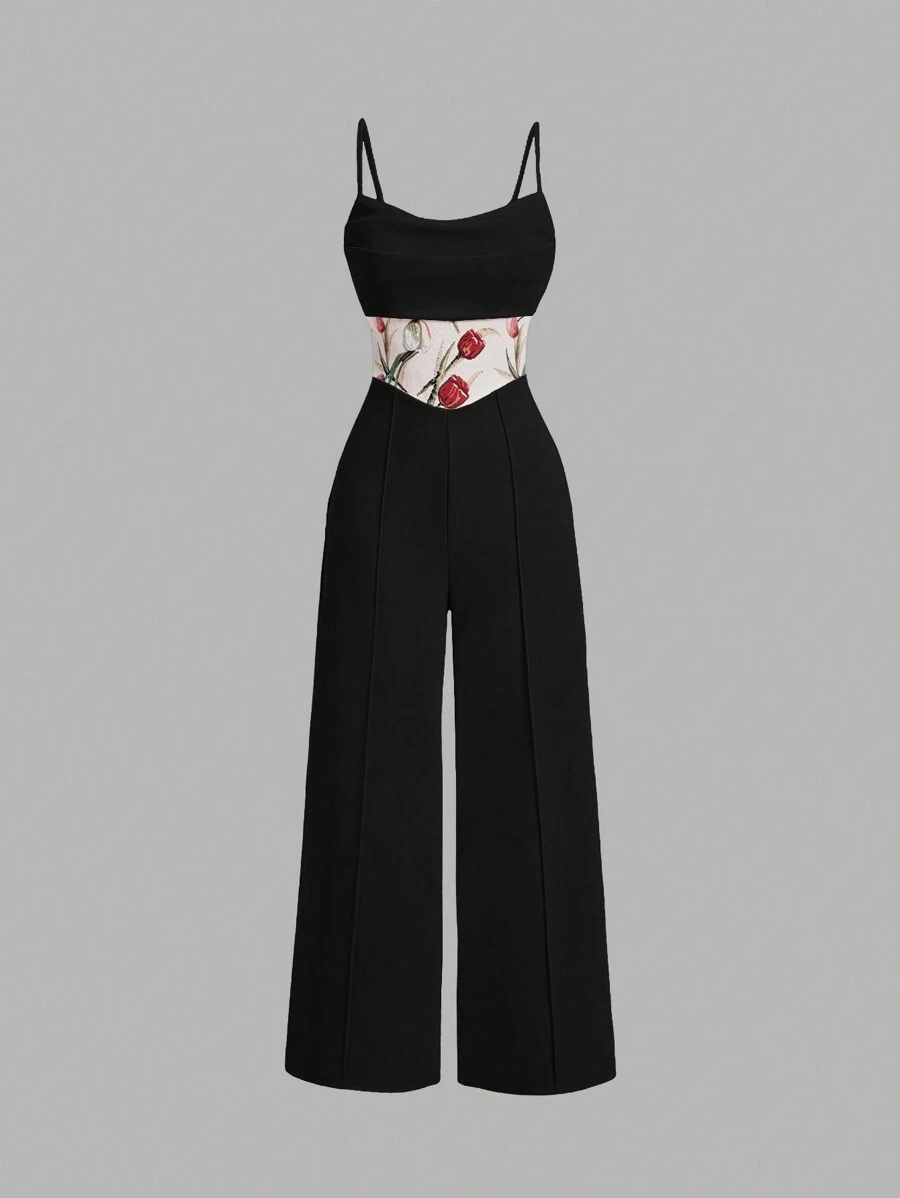 SHEIN MOD 大码无袖中式立领褶裥腰部提花杏色连体裤 - 黑色 - 查看 1