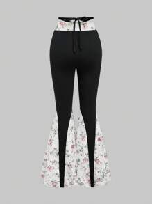 ROMWE Kawaii Damskie spodnie rozkloszowane z koronką w kwiaty w stylu retro