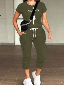 INAWLY Ensemble décontracté de 2 pièces pour femme avec débardeur unicolore à manches courtes et pantalon long