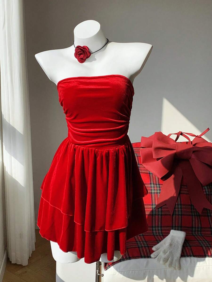 SHEIN EZwear Women's Red Velvet A-Line Strapless Dress, For Christmas - Red - View 1
