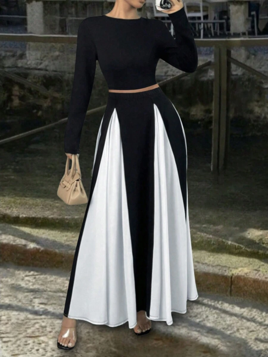 INAWLY Plus Size Elegant Solid Cropped Top And Contrasting Patchwork Skirt 2Pcs Set, Autumn Spring Clothes - Black - View 1