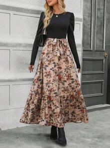 INAWLY Vestido con manga abullonada y estampado floral para mujer, para primavera y otoño