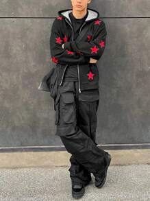 SHEIN Manfinity Dauomo 男士秋冬落肩长袖连帽卫衣配红色五角星拉链