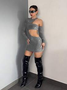 EgrlEra 女士性感镂空露背袖闪光复合紧身迷你连衣裙、派对装