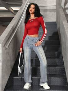 SHEIN EZwear Jeans en denim casual et polyvalent avec poches et design clouté pour femmes - Jean clair - Voir 1