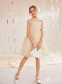 SHEIN Girls' Round Neck Sleeveless Mesh Splice A-Line Dress, Multi-Layers Ruffle Waisted, Suitable For Valentine's Day, Wedding, Birthday Party, Prom, Graduation - Champagne - View 5