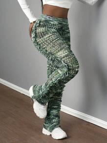 Slaydiva 2024 新款秋冬女士宽松喇叭长款针织流苏裤，休闲街头时尚 - 綠色 - 查看 3