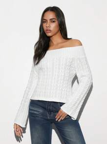 SHEIN Unity 1pc Women's White Off Shoulder Textured Knit Fitted Flare Sleeve Sweater, Casual & Stylish For Autumn/Winter Knit Pullover Fall Sweater - White - View 6