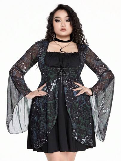 Goth Plus Size Floral, Moon, Star & Insect All-Over Print Bell Sleeve Dress, Nature Style