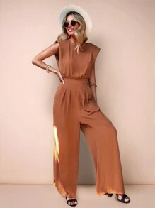 SHEIN Clasi Solid Slant Pocket Wide Leg Jumpsuit - Brown - View 6