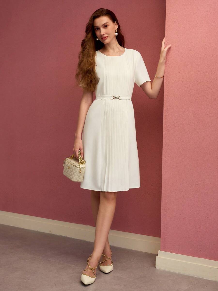 MOTF PREMIUM PLEATED ZIP BACK BELTED DRESS