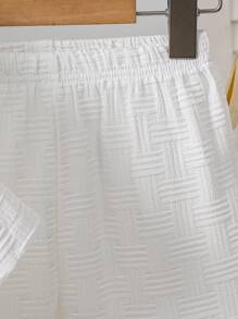 SHEIN Genkimix Kids 2 件套年轻男孩纯色短袖单排扣衬衫和裤子，休闲装 - 白色 - 查看 5