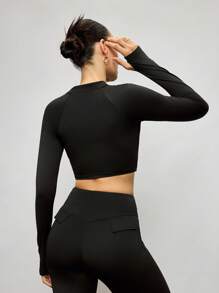 Activina Women Letter Print Ruffle Long Sleeve Cropped Zipper Front Sports Jacket - Black - View 4