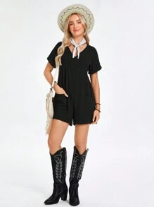 SHEIN LUNE Batwing Sleeve Pocket Patched Romper - Black - View 3