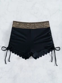 女士针织亮片荷叶边抽绳腰沙滩短裤，夏季