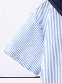 3-Piece Tween Boy Casual Shawl Collar Mid-Sleeve Striped Shirt & Solid Shorts Set, Korean/Japanese Style