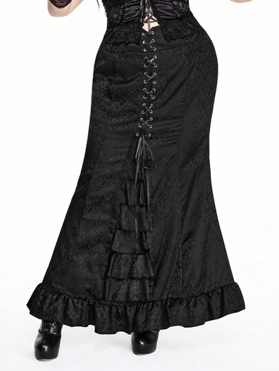 Goth Falda de talla grande de unicolor con dobladillo de sirena, lazos en la espalda, encaje con ojales de diseño jacquard y estilo vintage gótico