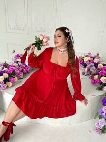 Lyrianda Plus Size Women's Square Neck Ruffle Long Sleeve Solid Red Romantic Princess Cute Waisted Mini Dress, Valentine's Day - Red - View 5