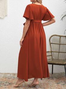 SHEIN Maternity Solid V-Neck Short Sleeve Tie Front Simple Casual Dress - Brown - View 5