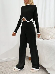 EURMUSE 女士罗纹针织不对称下摆毛衣和毛衣裤套装