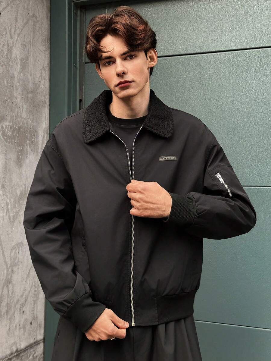 Manfinity VCAY Men's Fashionable Casual Loose Fit Contrast Panel Long Sleeve Open Front Black Jacket Coat, For Fall Winter - Black - View 1