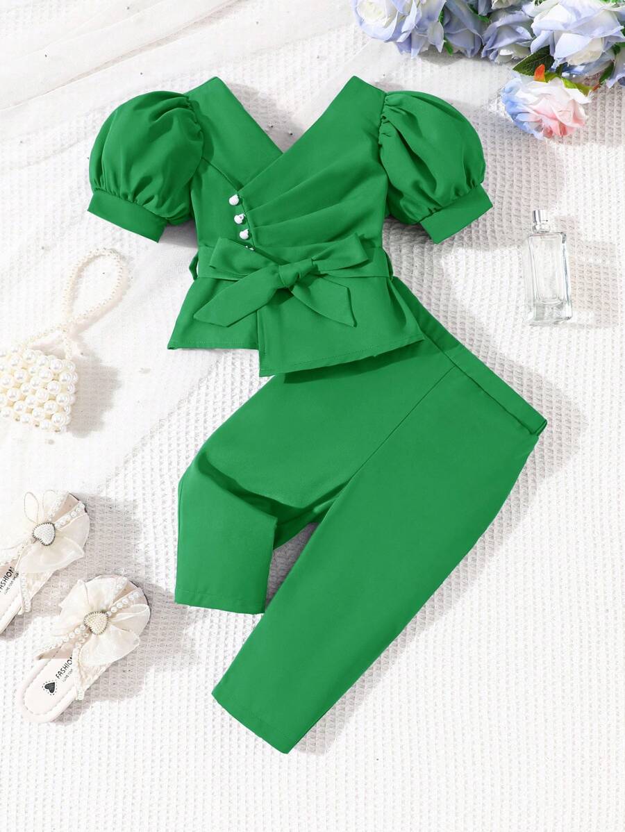 SHEIN Leap Crew 2pcs/Set Casual Solid Color Baby Girl Ruffled Short Sleeve Shirt And Elastic Waist Long Pants Set, Summer - Green - View 1