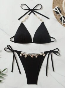 Swim Vcay Women's Sexy Black Shell Tie Halter Underwire Triangle Swimwear With Star Chain Vacation Beach Outfit For Summer Beach Vacation - Black - View 4