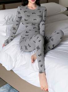 DAZY Butterfly Print Fitted Pajama Set - Red - View 1