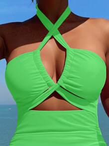 SHEIN Swim 1pc Women's Solid Color Sexy Hollow-Out Halter One-Piece Swimsuit For Beach Vacation Summer