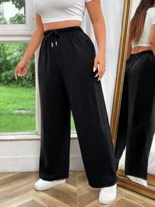 Sweetra Pantalones anchos de talla grande de unicolor casual con cordón y cintura elástica